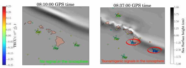 la mappa mostra il segnale dello tsunami nella ionosfera mentre lo tsunami sta passando (Credit: Sapienza University/NASA-JPL/Caltech)