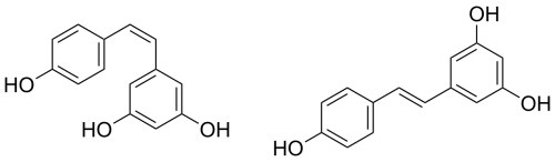 Immagine - 3 - Strutture chimiche del cis- ((Z)-resveratrolo, a sinistra) e del trans-resveratrolo ((E)-resveratrolo, a destra). Credits: Wikipedia under the license CC0 (public domain)